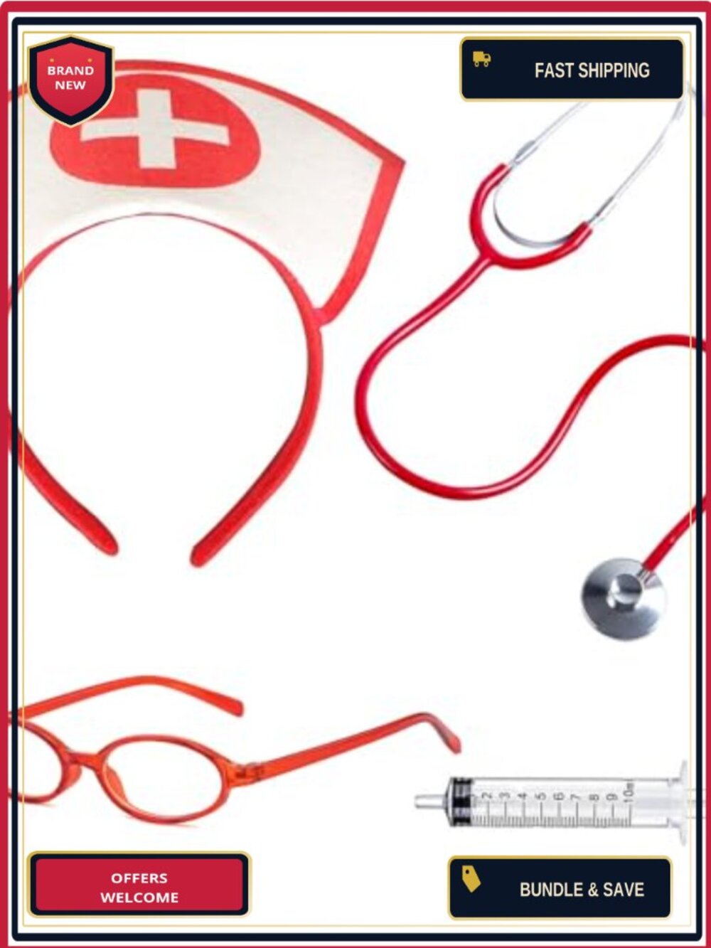 Nurse Costume Accessory Set Stethoscope Hat Headband Glasses